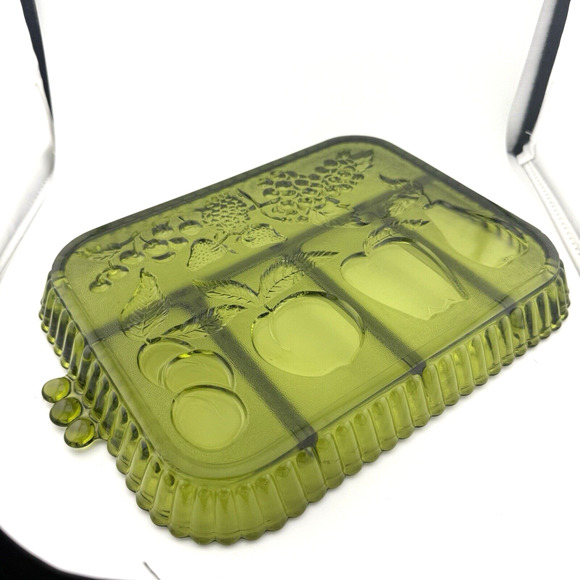 VTG Indiana Glass Green 5 Part EUC Divided Relish Fruit Design Tray 11"x9" - Picture 9 of 10
